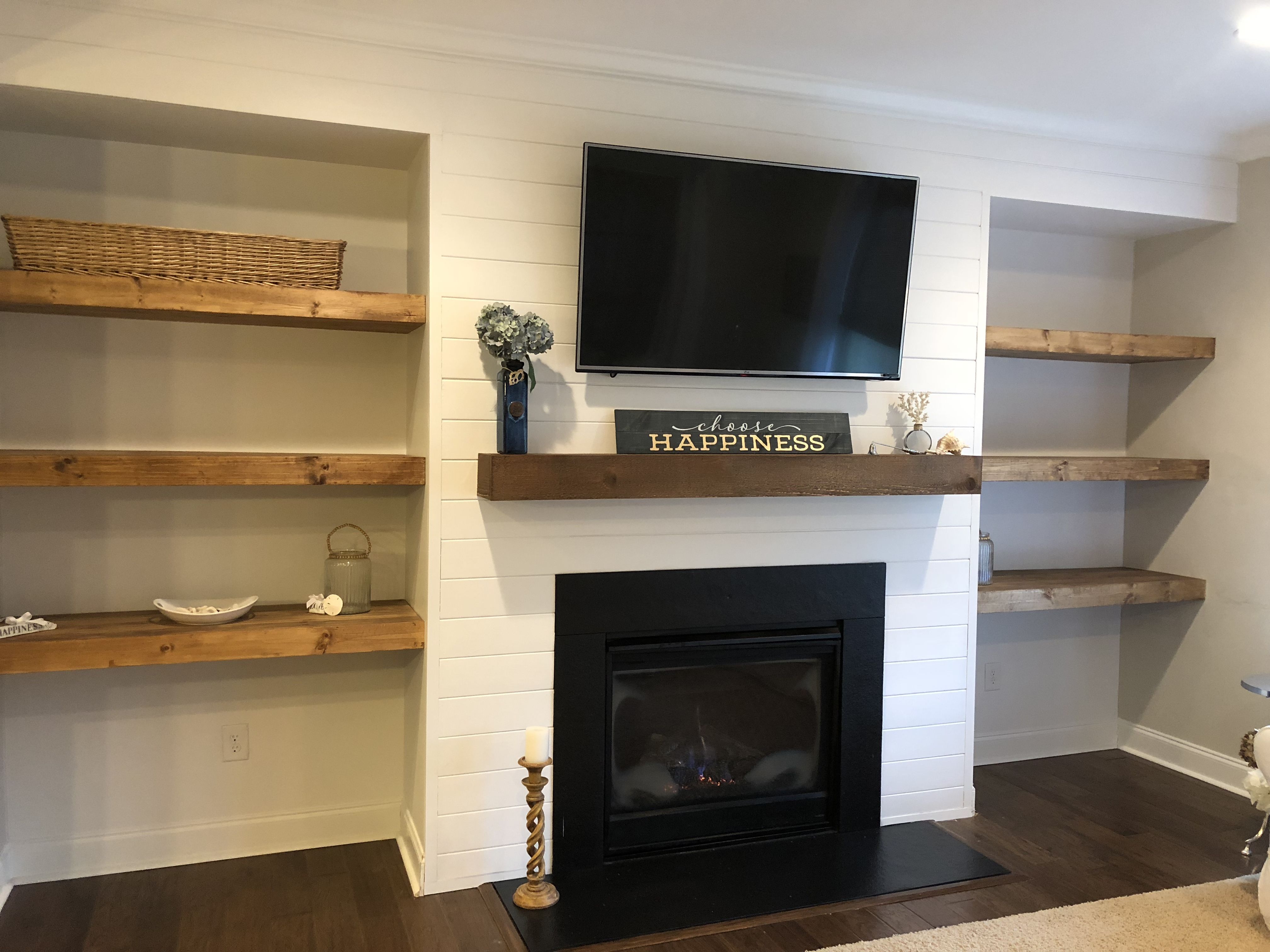 shiplap wall with floating shelves and new mantle around fireplace beside timber melbourne concealed gun furniture canadian tire weekly flyer garage storage bins corner computer