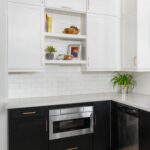 white floating shelves between uppers with black bases cabinets cabinetsolutionsusa weenrichhomelife kitchen interiors interiordesign target wall bookshelves deep corner shelf 150x150