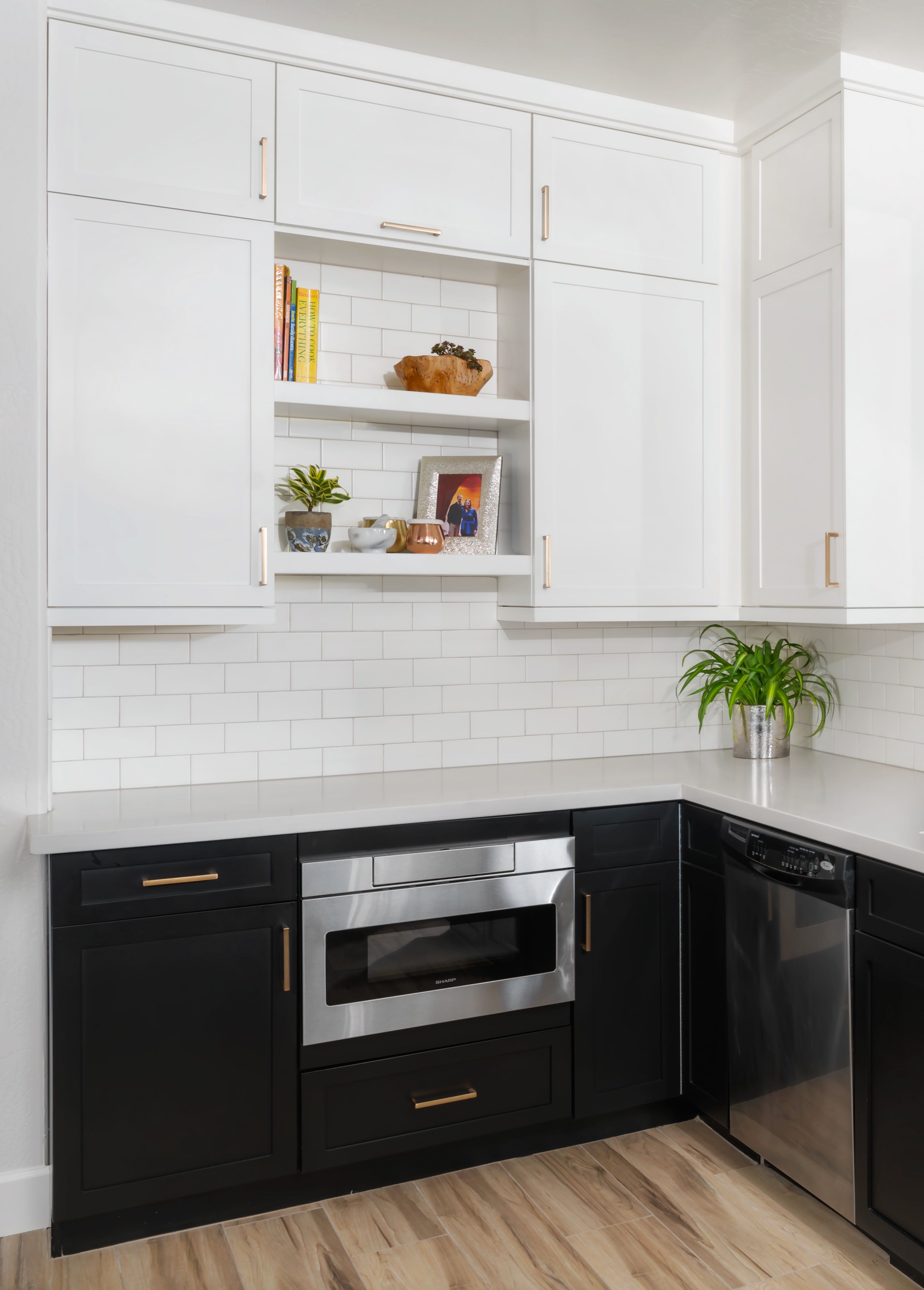white floating shelves between uppers with black bases cabinets cabinetsolutionsusa weenrichhomelife kitchen interiors interiordesign target wall bookshelves deep corner shelf