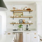 white kitchen cabinets brass pulls floating wood shelves industrial black light fixtures house jade interiors drawer wall shelf mounting brackets funky shelving units ikea cube 150x150