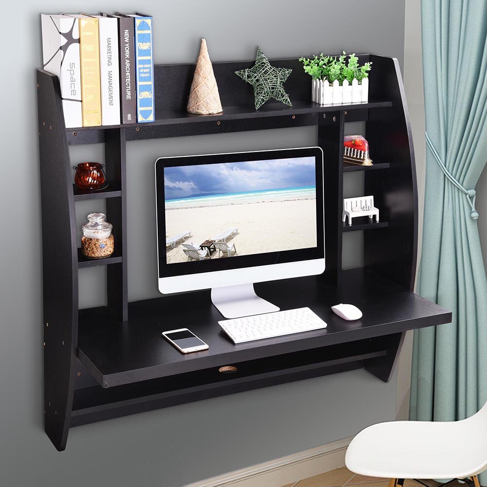 yescomusa wall mounted floating computer desk with storage shelves shelf laptop home office furniture work black reclaimed wood diy television component damage free hanging strips